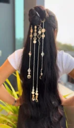 Ethereal Mirror Work & Pearl Hair Chain – Bohemian Statement Piece - Image 3