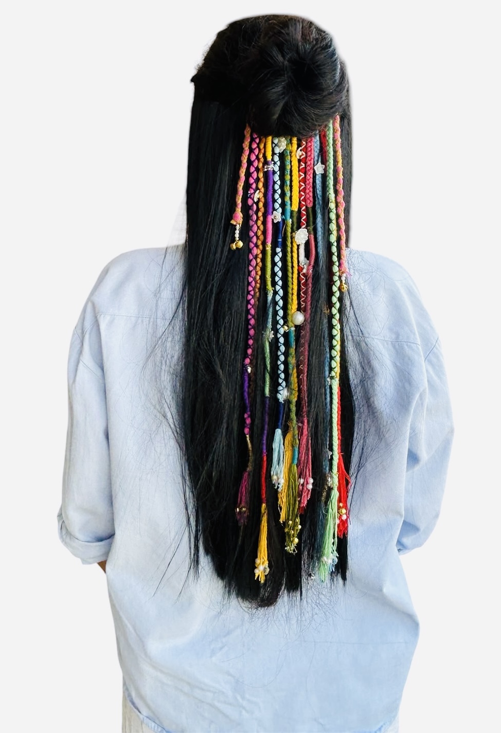 IMG_2027 Multi-Colour Thread Hair Extension with Pearl Beads & Ghungroo Tassels for Girls & Women - Image 1